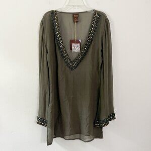 Inca // Olive Green Beaded Silk Coverup Blouse – NWT XS